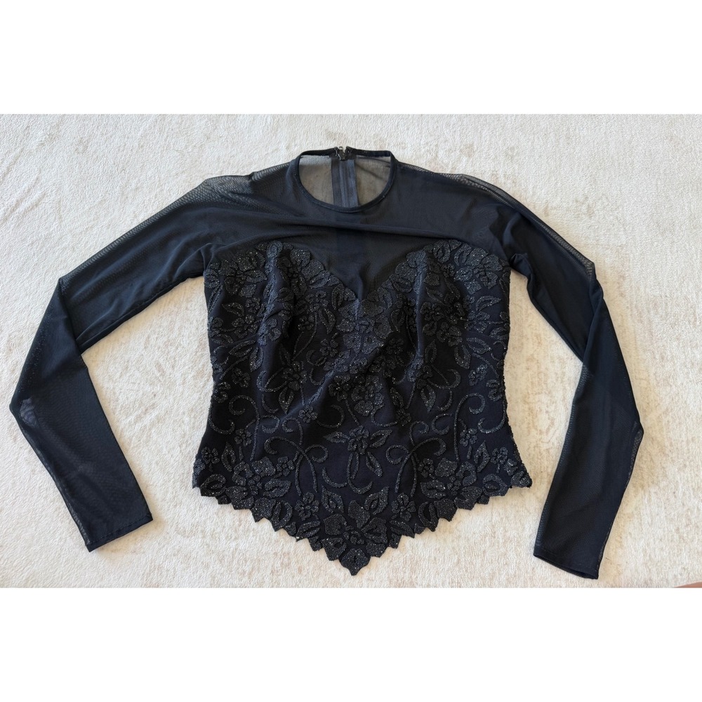 Tadashi Shoji Black Beaded Sequin Mesh Long Sleeve Evening Top Scalloped Hem